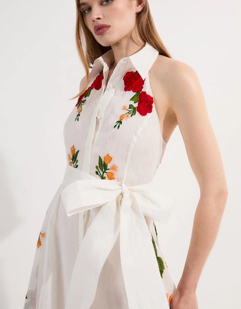 Rose Embroidered Cotton Organdie Midi Halter Dress