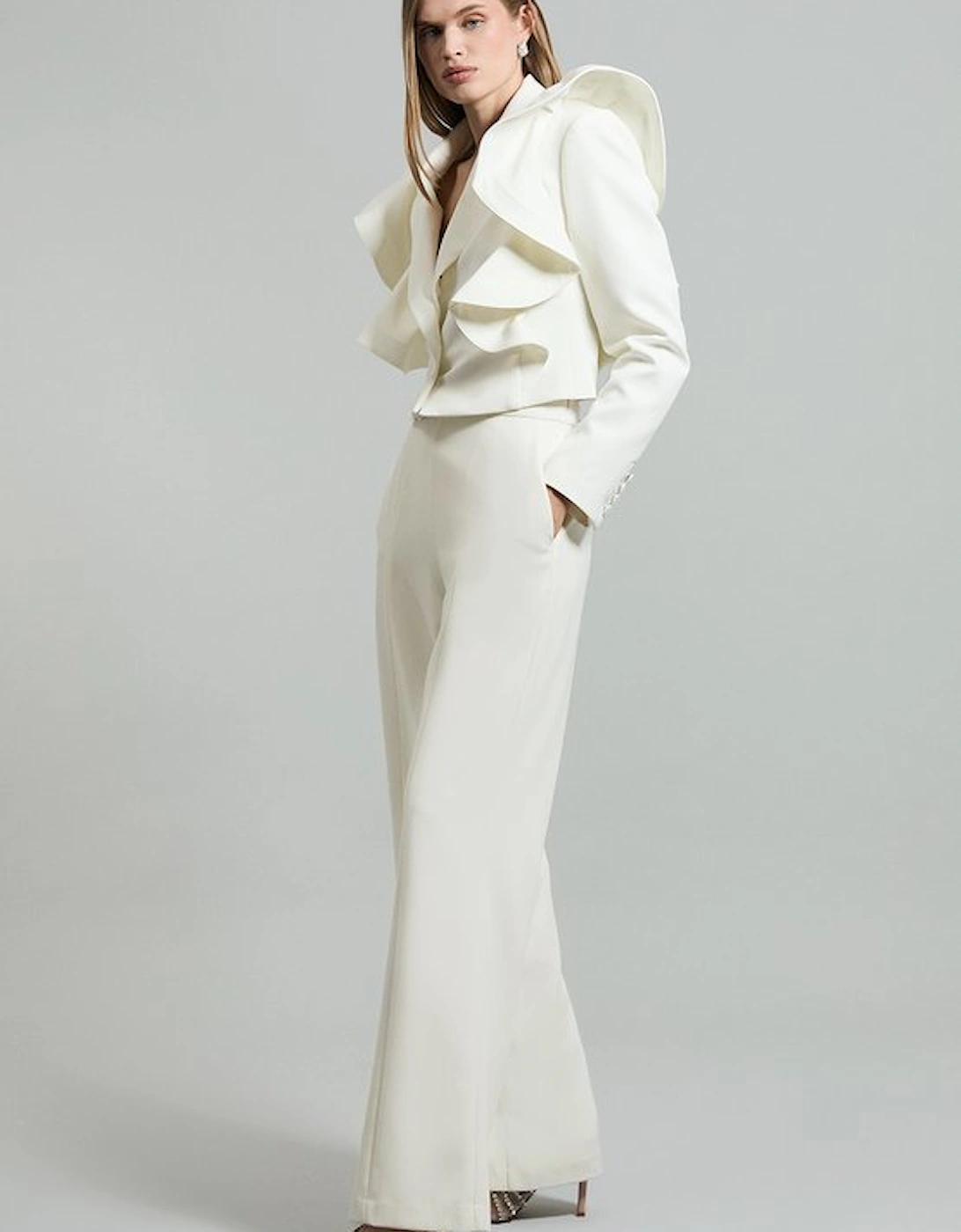 Drama Ruffle Tailored Single Breasted Cropped Blazer