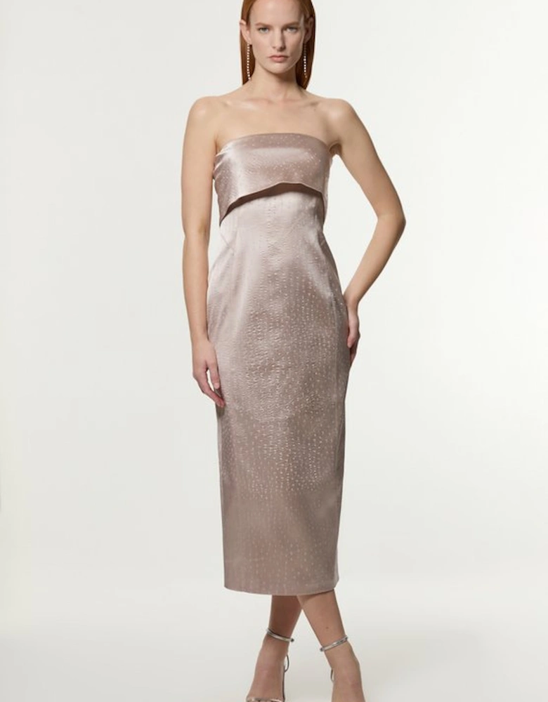 Italian Structured Textured Satin Bandeau Tailored Maxi Dress