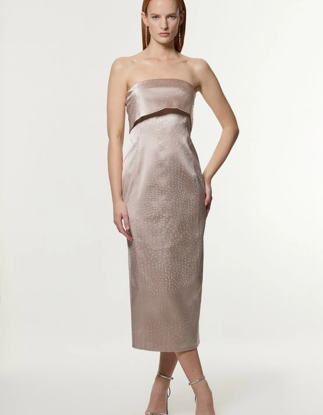 Italian Structured Textured Satin Bandeau Tailored Maxi Dress, 5 of 4