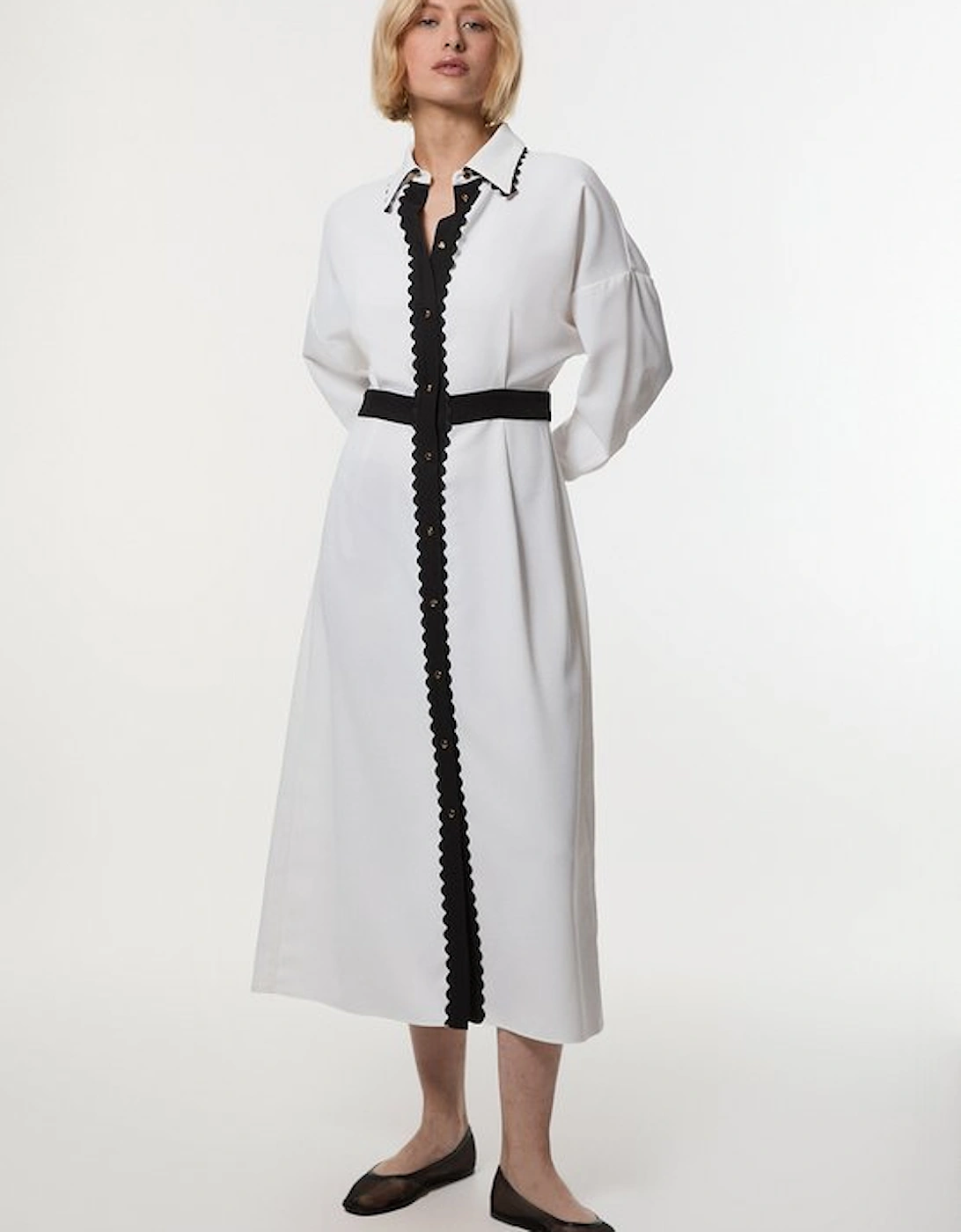 Petite Scallop Trim Woven Crepe Shirt Dress, 4 of 3