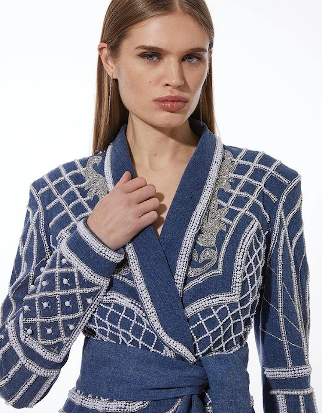 Pearl Embellished Woven Denim Maxi Blazer Dress