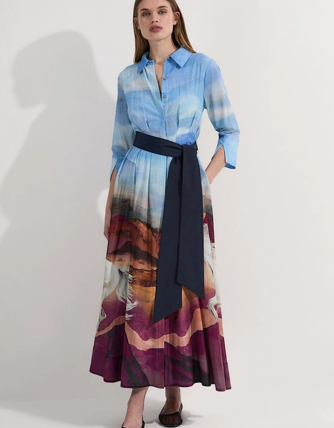 Petite Silk Cotton Stallion Print Woven Belted Maxi Shirt Dress, 4 of 3