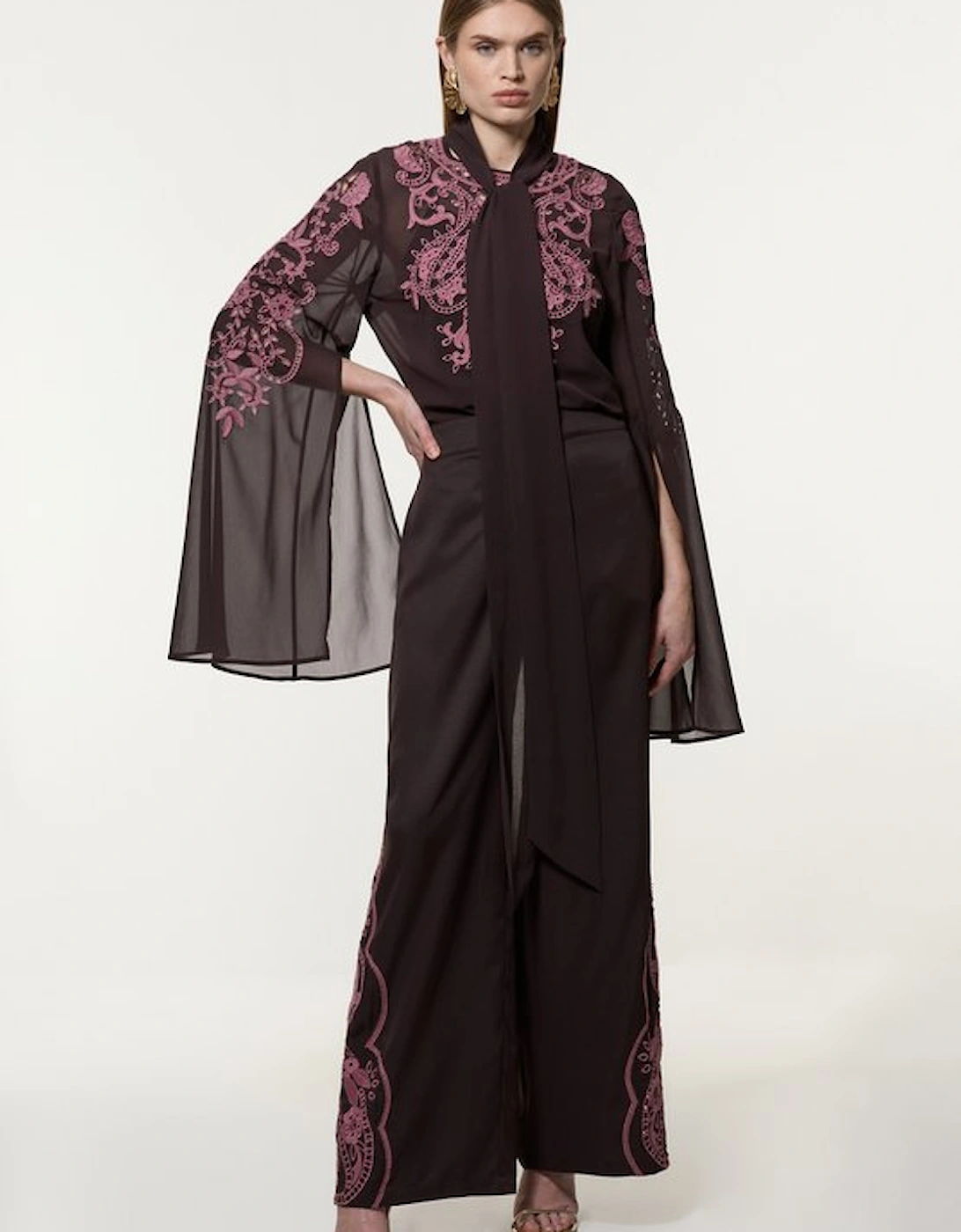 Tall Cutwork Beaded Georgette Tie Neck Woven Blouse With Drama Sleeve, 5 of 4