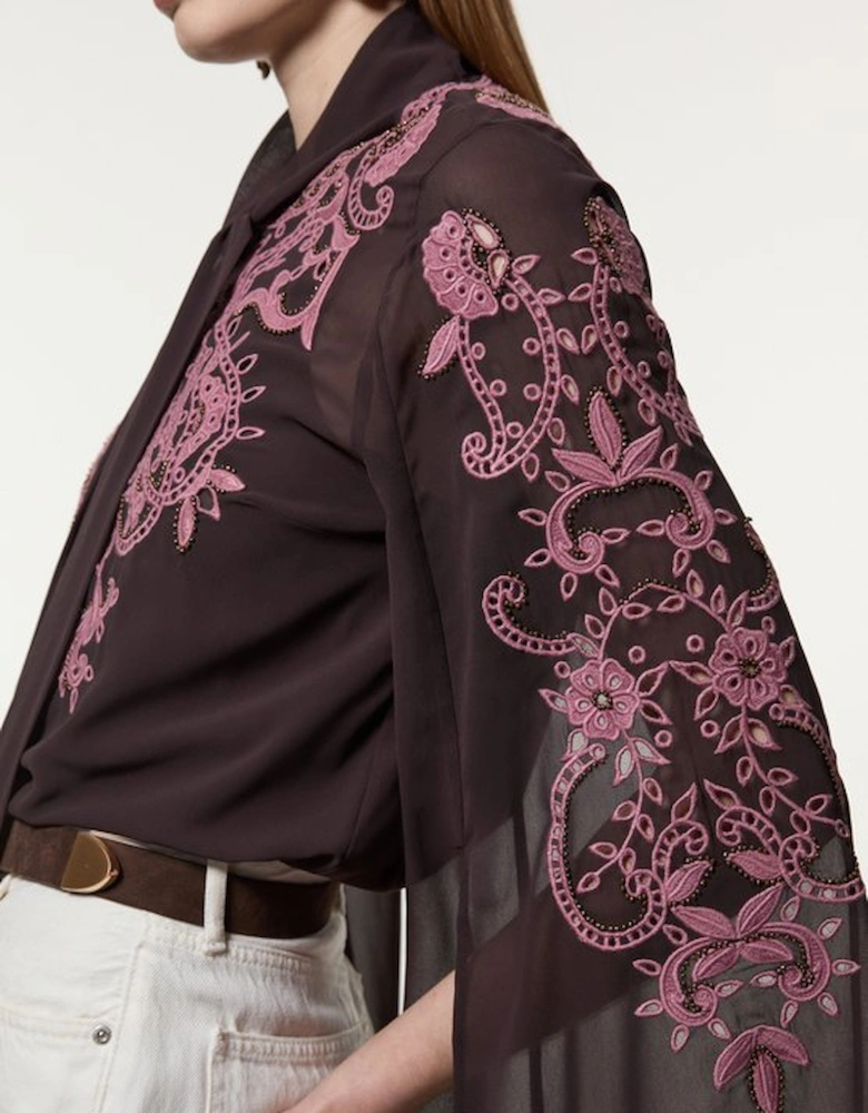 Tall Cutwork Beaded Georgette Tie Neck Woven Blouse With Drama Sleeve