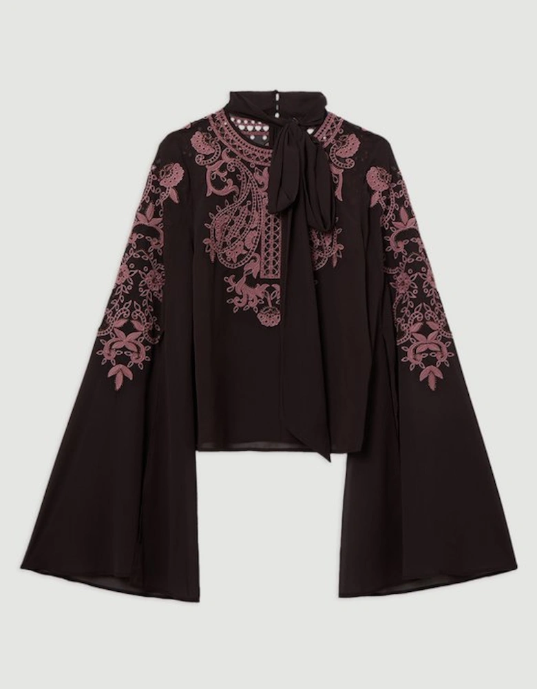 Tall Cutwork Beaded Georgette Tie Neck Woven Blouse With Drama Sleeve