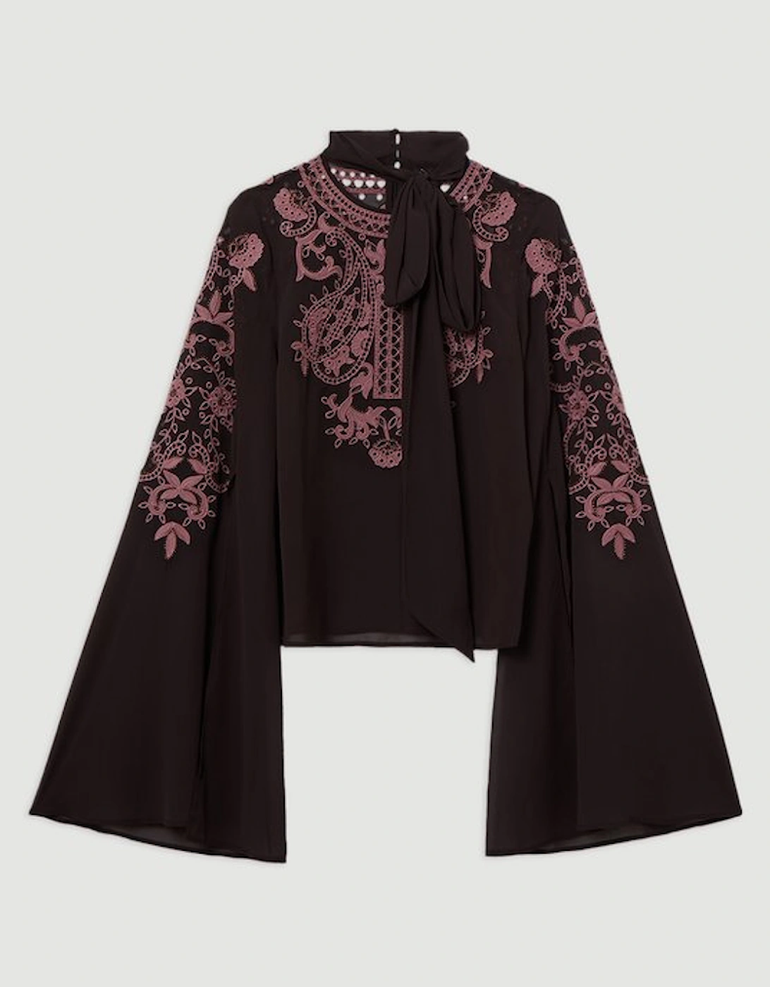 Tall Cutwork Beaded Georgette Tie Neck Woven Blouse With Drama Sleeve