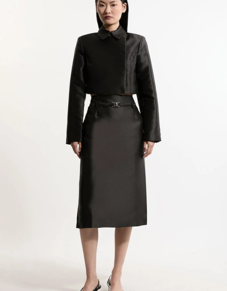 Satin Twill Belted Tailored Midi Skirt