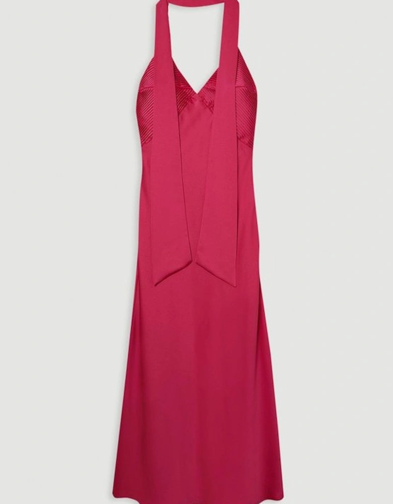 Satin Halter Pleated Woven Maxi Dress