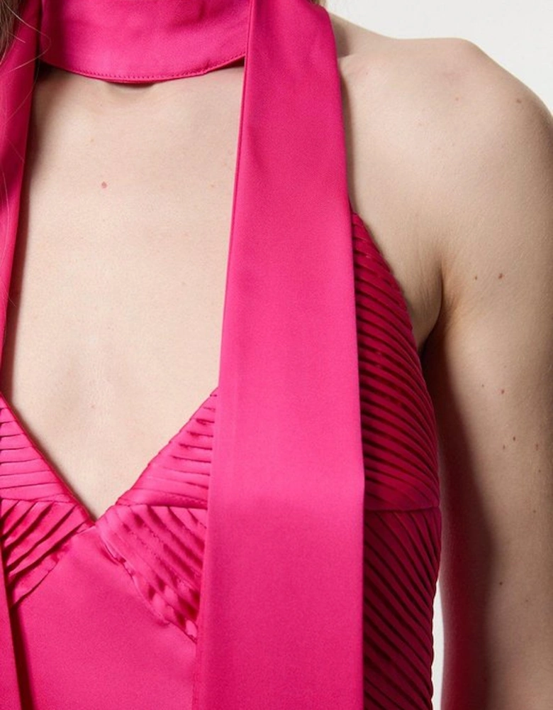 Satin Halter Pleated Woven Maxi Dress