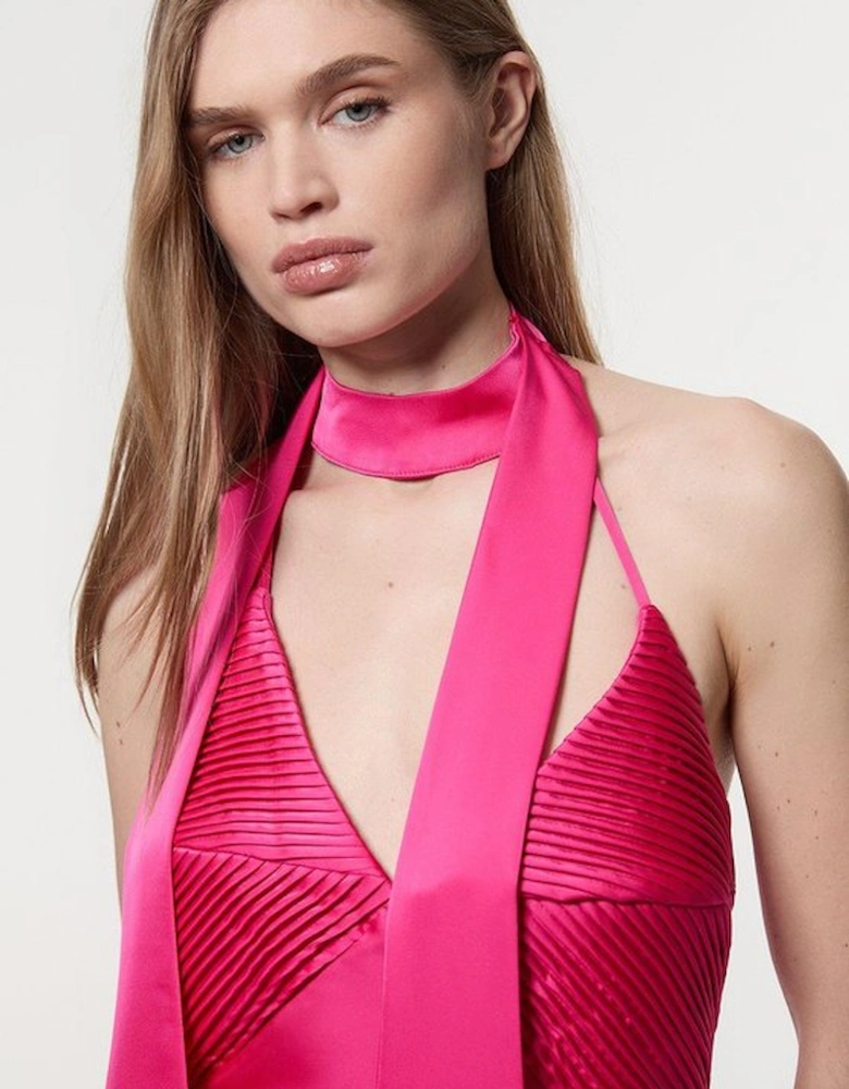 Satin Halter Pleated Woven Maxi Dress