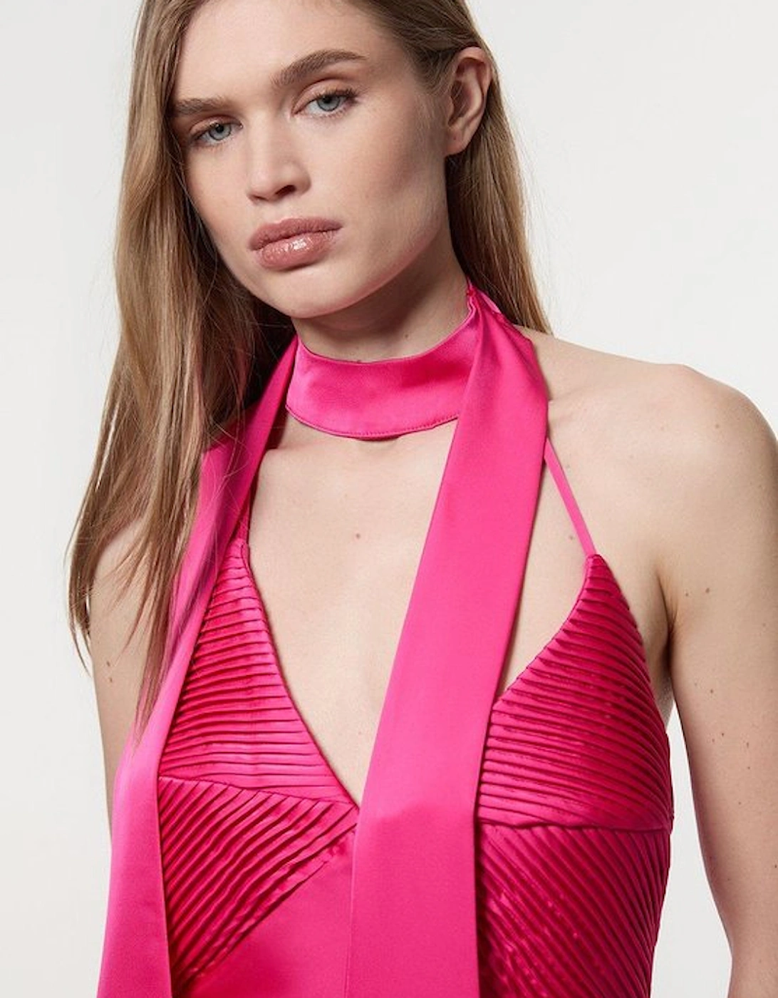Satin Halter Pleated Woven Maxi Dress