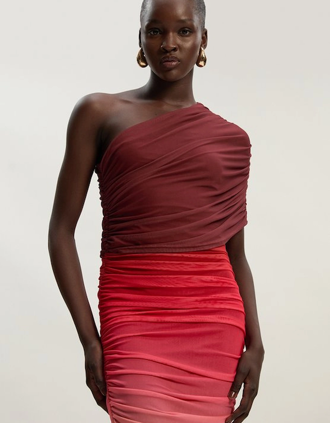 Ombre One Shoulder Mesh Jersey Maxi Dress