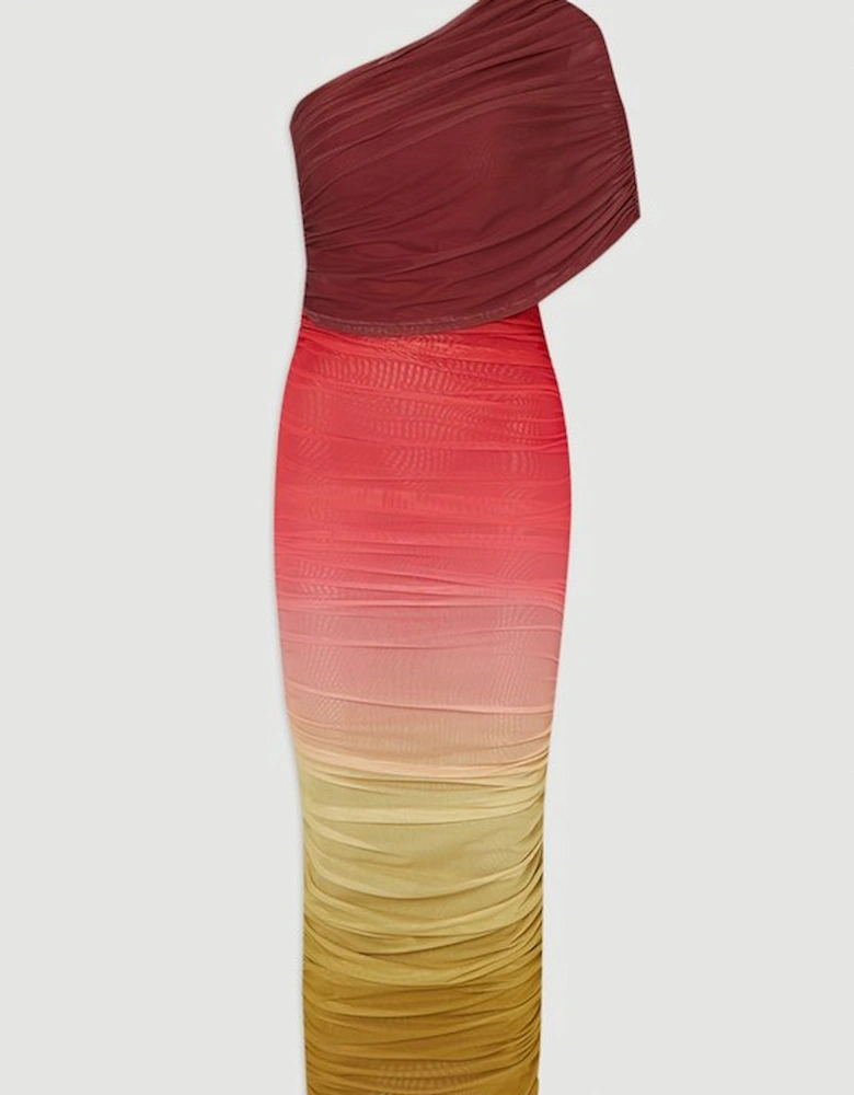 Ombre One Shoulder Mesh Jersey Maxi Dress