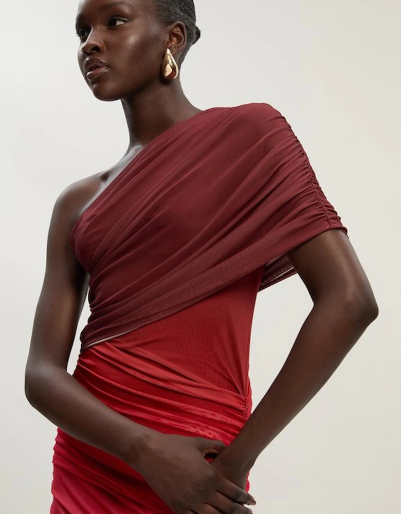 Ombre One Shoulder Mesh Jersey Maxi Dress