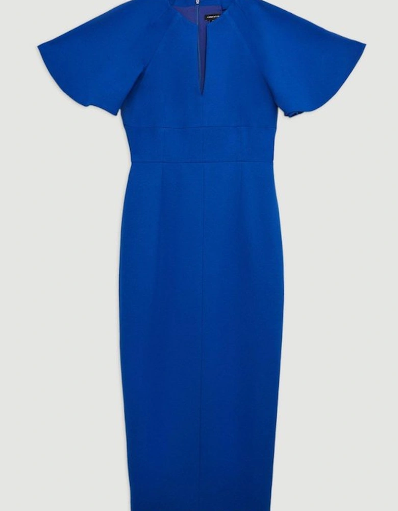 Structured Crepe Ruffle Sleeve Tailored Midi Pencil Dress
