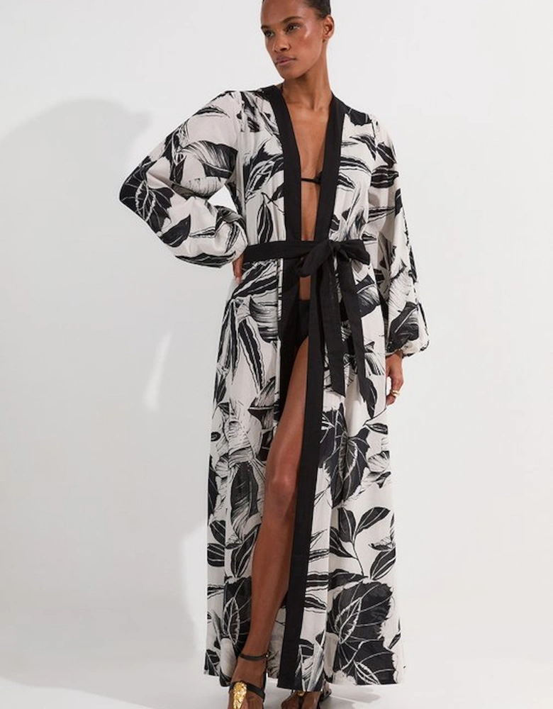 Palm Border Print Cotton Voile Maxi Beach Kimono