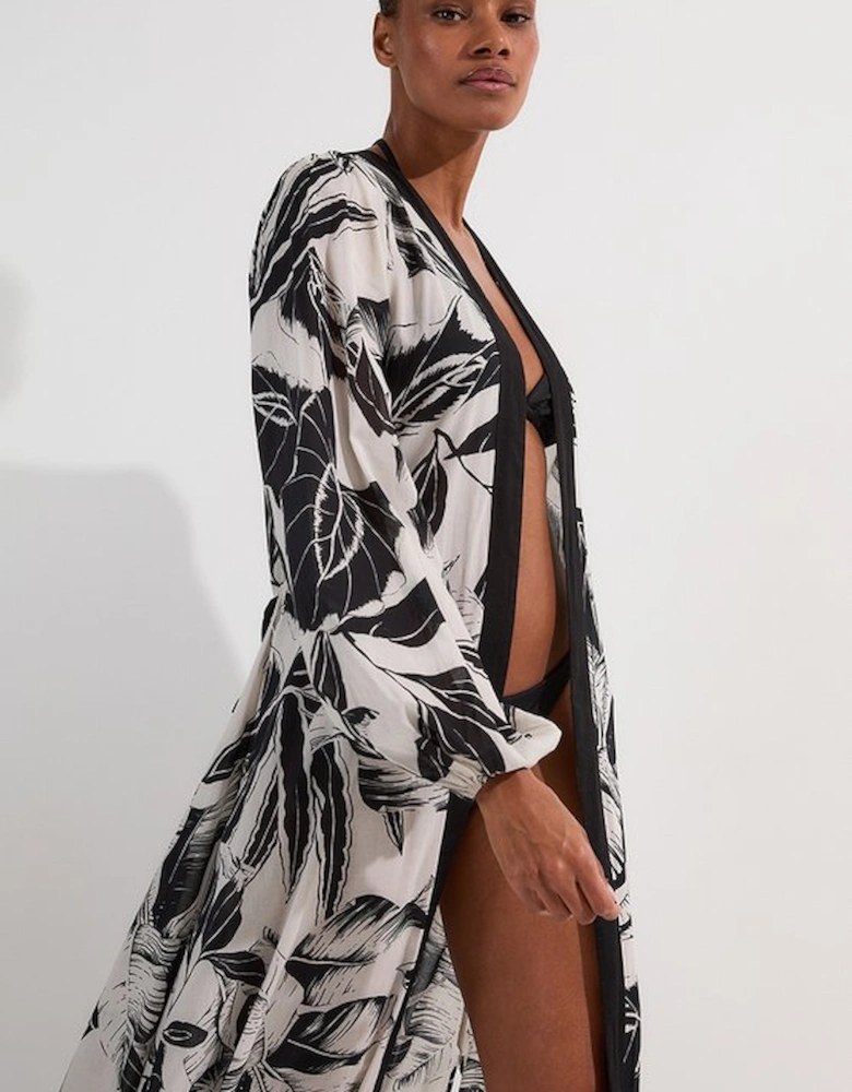 Palm Border Print Cotton Voile Maxi Beach Kimono