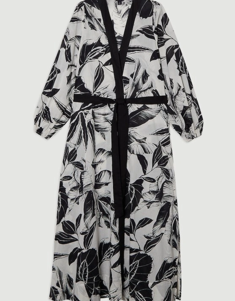 Palm Border Print Cotton Voile Maxi Beach Kimono