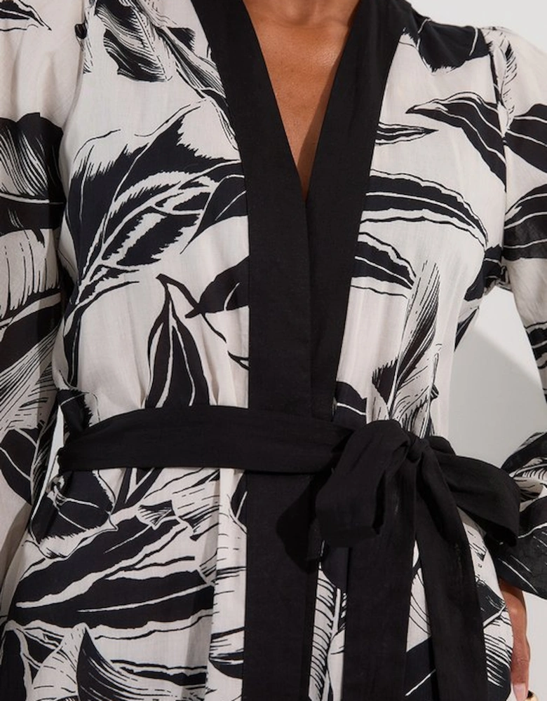 Palm Border Print Cotton Voile Maxi Beach Kimono