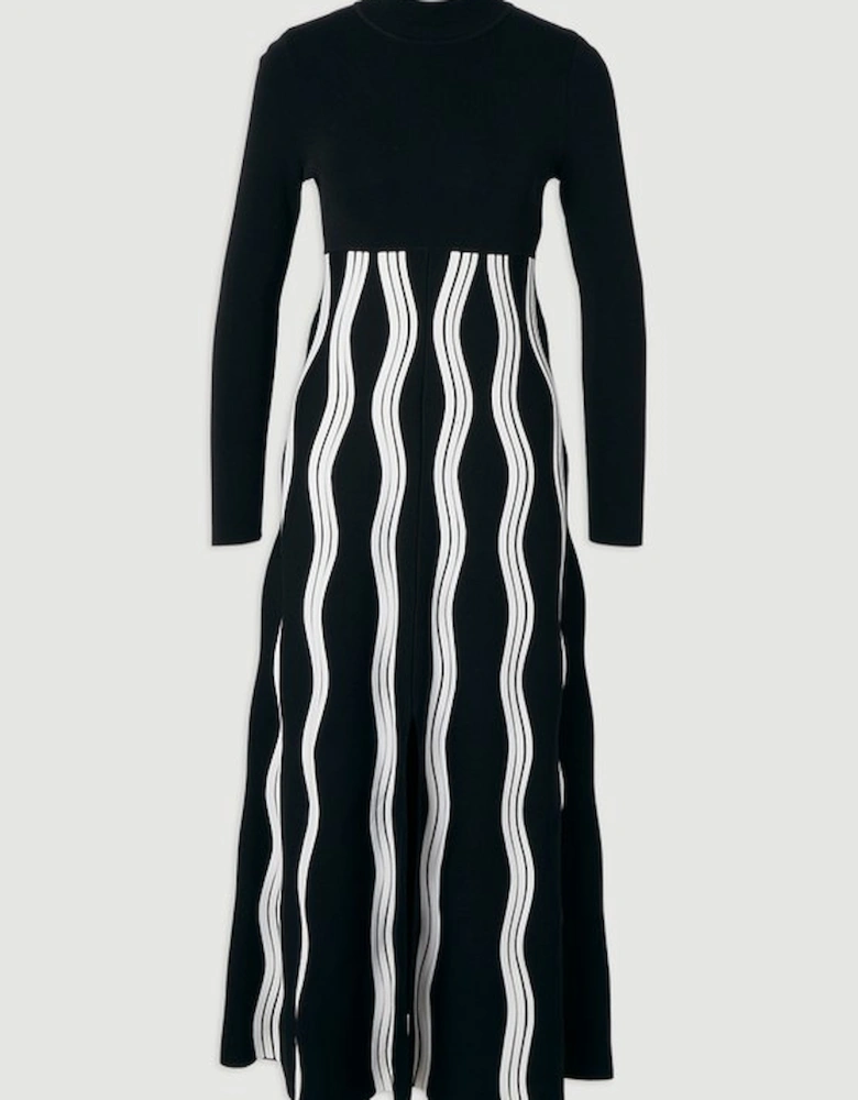 Contrast Wave Knit A-Line Knitted Long Sleeve Dress