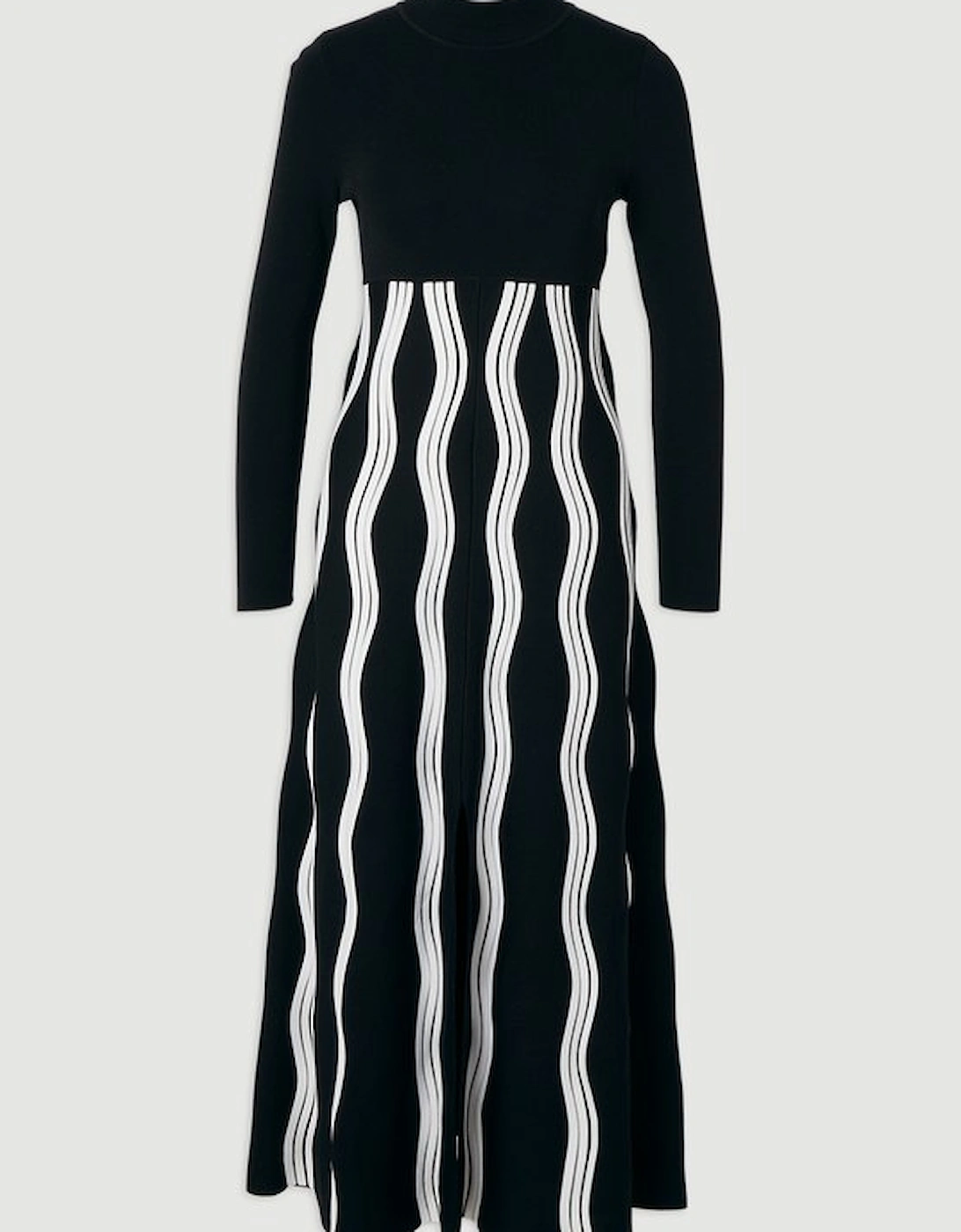 Contrast Wave Knit A-Line Knitted Long Sleeve Dress