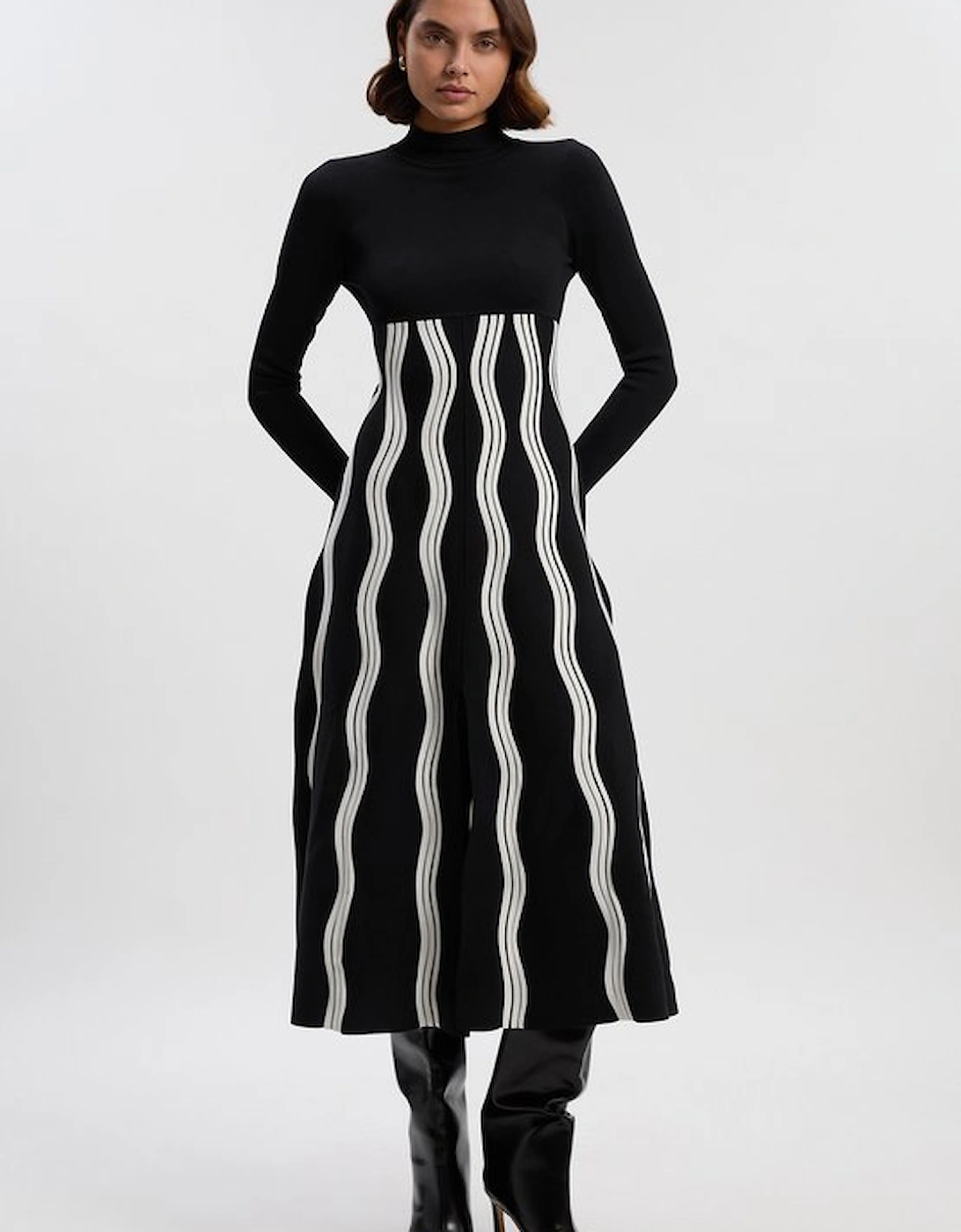 Contrast Wave Knit A-Line Knitted Long Sleeve Dress, 5 of 4