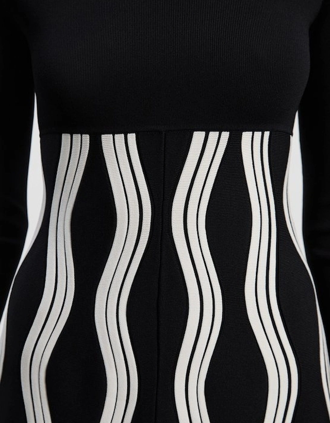 Contrast Wave Knit A-Line Knitted Long Sleeve Dress