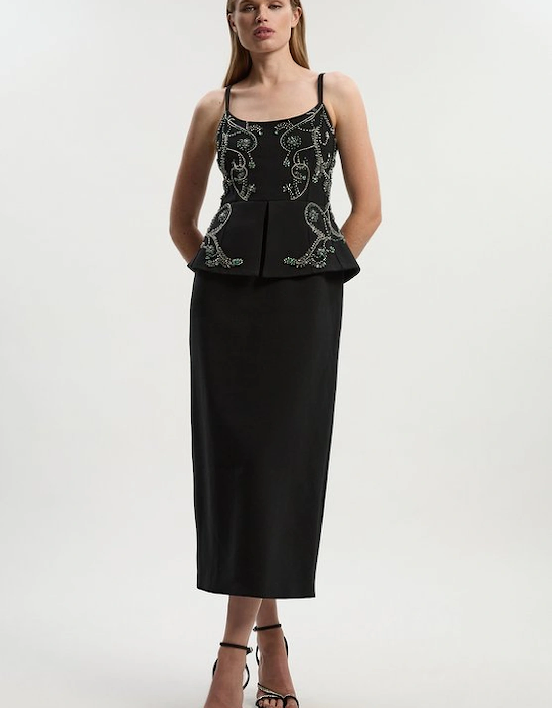Petite Crystal Embellished Peplum Bandeau Pencil Midi Dress, 4 of 3
