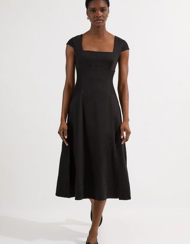 Petite Premium Linen Pintuck Detail Full Skirted Tailored Midi Dress