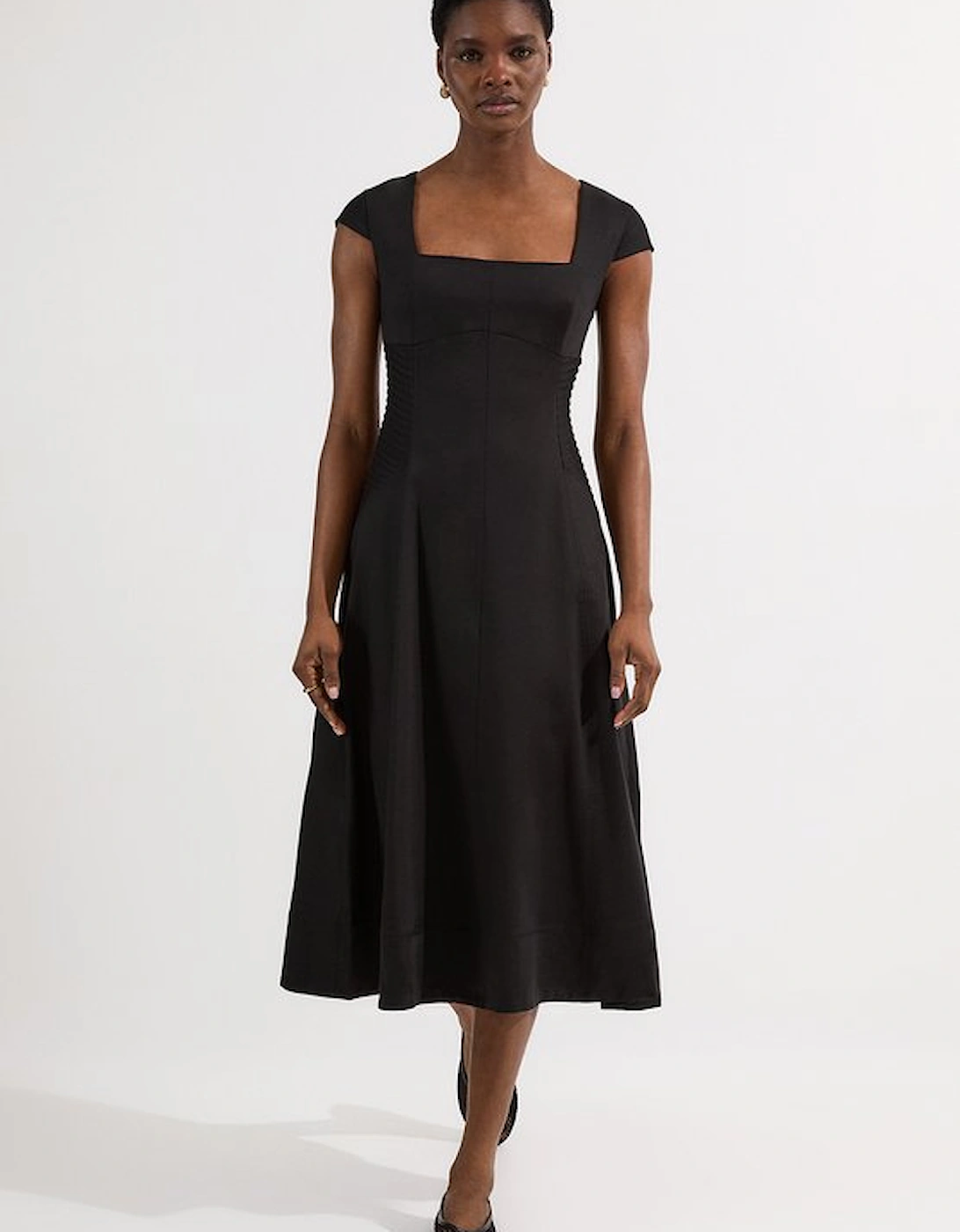 Petite Premium Linen Pintuck Detail Full Skirted Tailored Midi Dress, 5 of 4