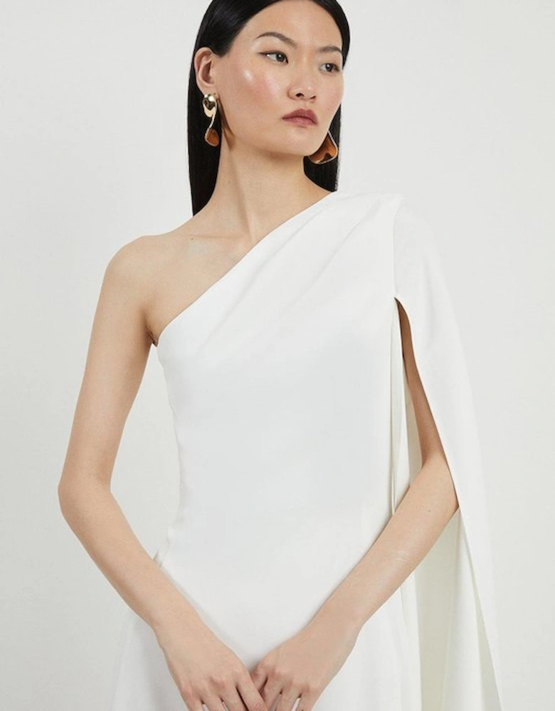 Satin Back Crepe One Shoulder Drape Sleeve Maxi Dress
