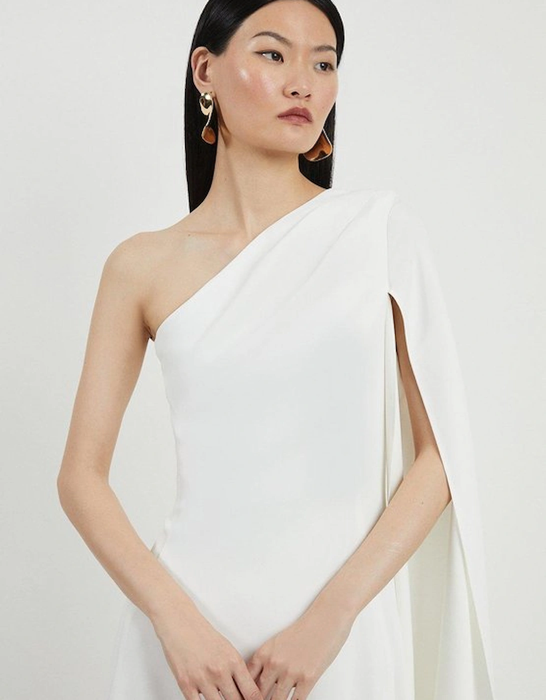 Satin Back Crepe One Shoulder Drape Sleeve Maxi Dress