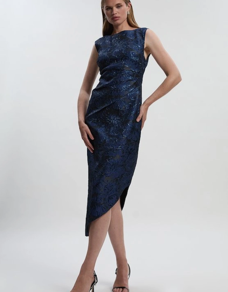 Floral Textured Jacquard Asymmetric Pencil Dress
