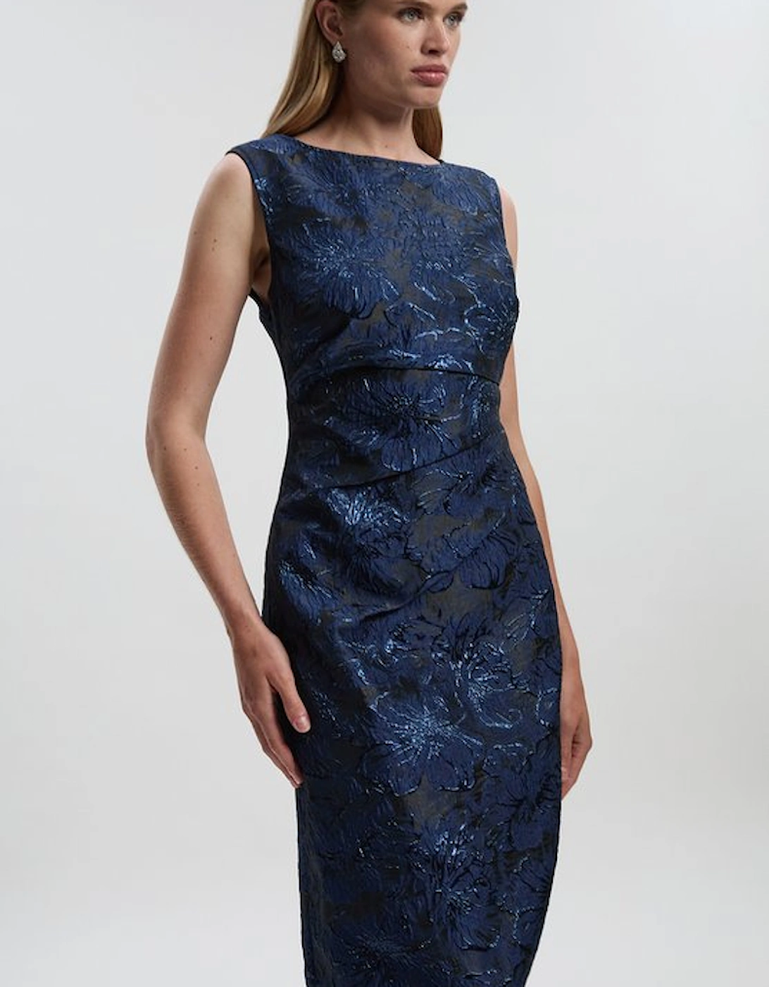 Floral Textured Jacquard Asymmetric Pencil Dress