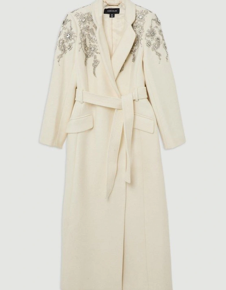 Wool Blend Crystal Embellished Notch Neck Belted Maxi Coat