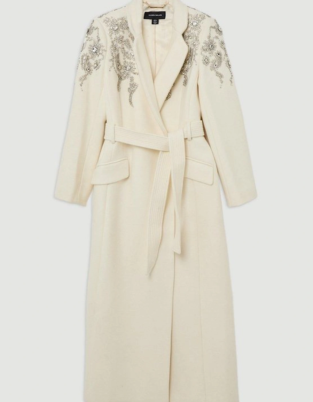 Wool Blend Crystal Embellished Notch Neck Belted Maxi Coat