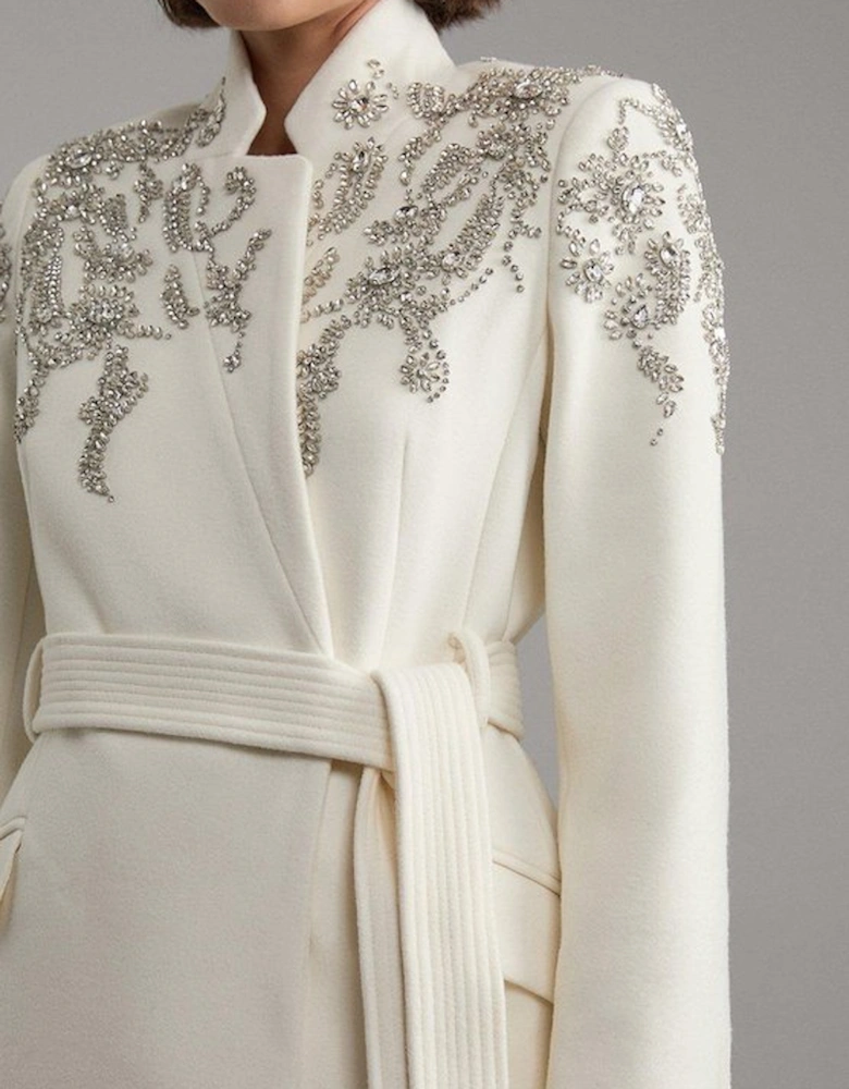 Wool Blend Crystal Embellished Notch Neck Belted Maxi Coat