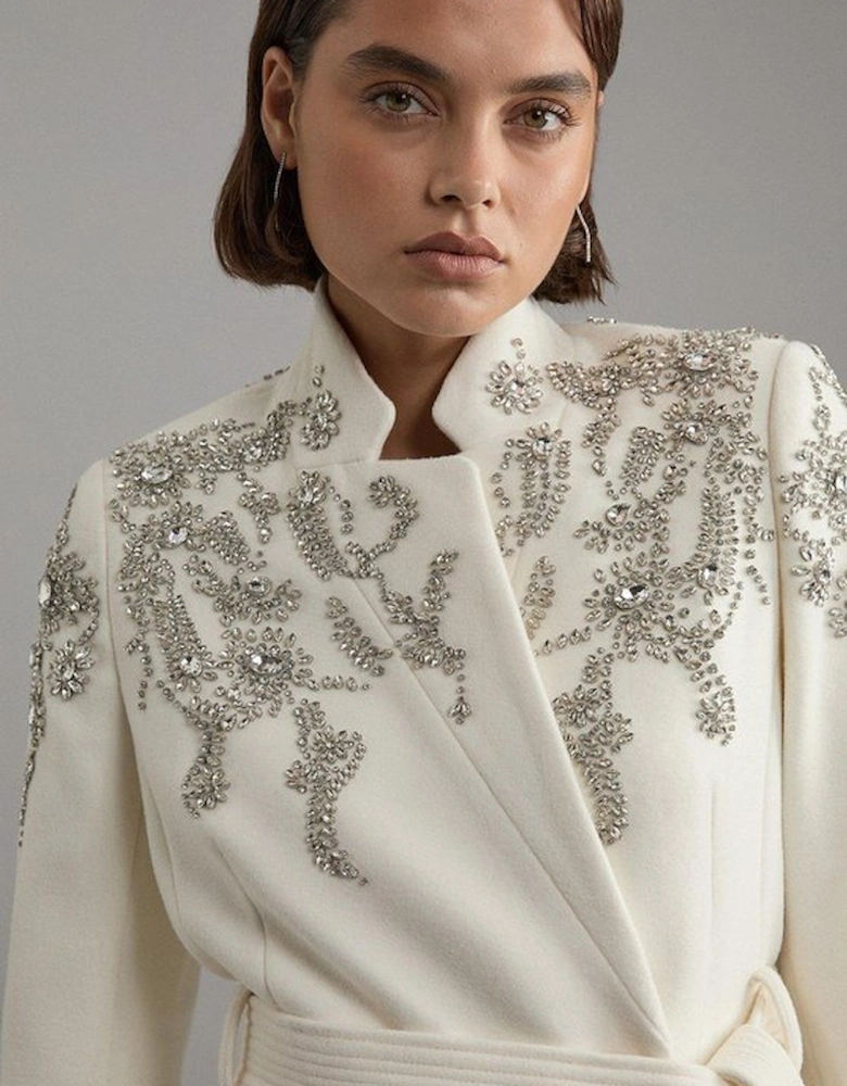 Wool Blend Crystal Embellished Notch Neck Belted Maxi Coat