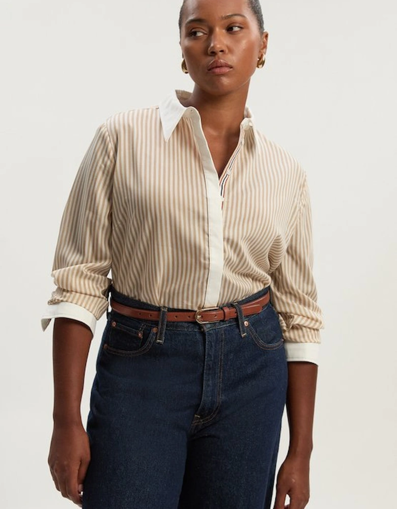 Plus Size Contrast Collar Stripe Woven Shirt