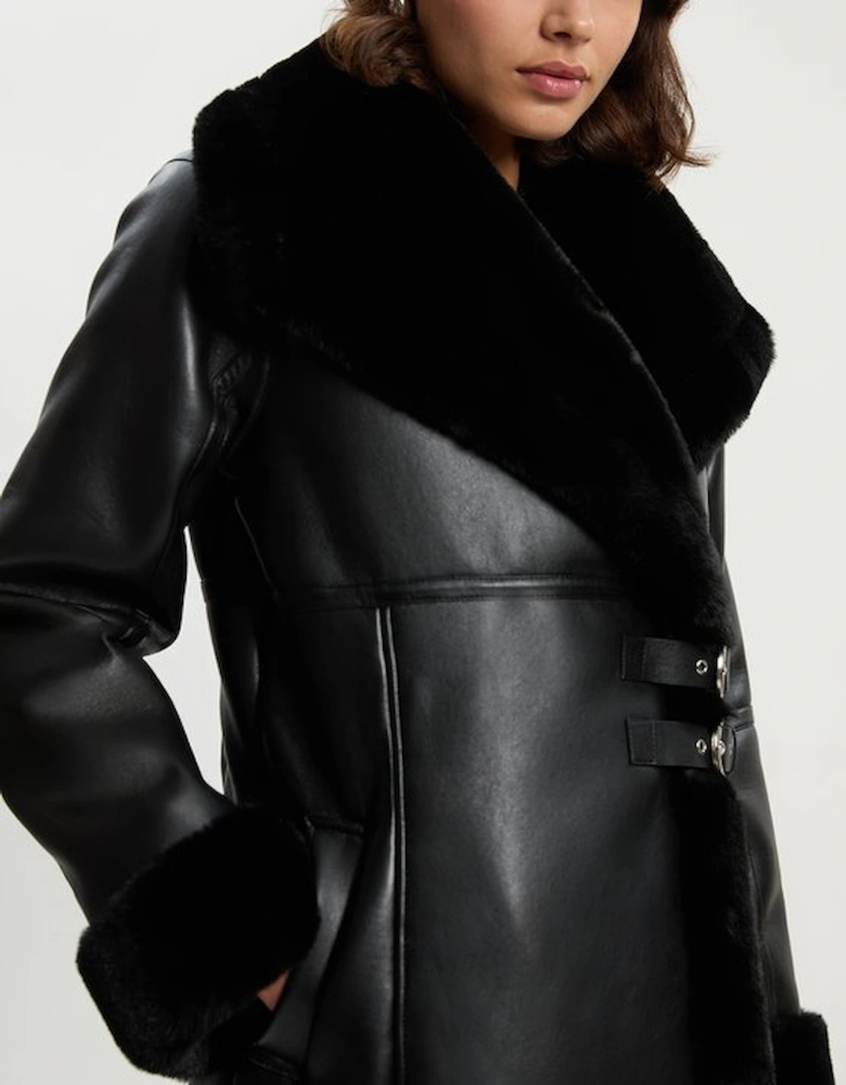 Faux Shearling Oversize Collar Buckle Midi Coat