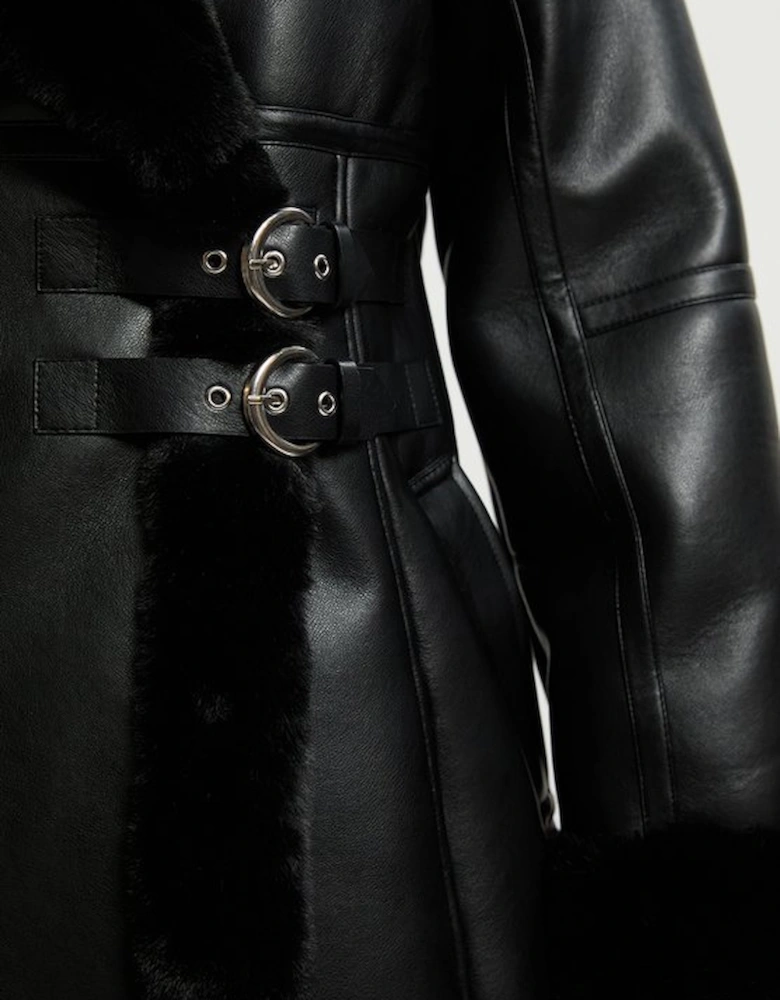 Faux Shearling Oversize Collar Buckle Midi Coat