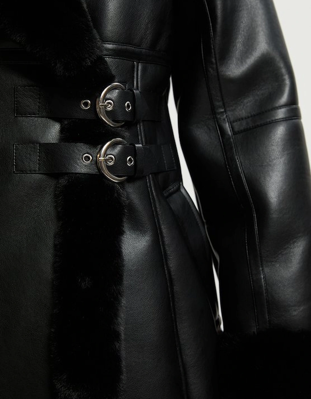 Faux Shearling Oversize Collar Buckle Midi Coat