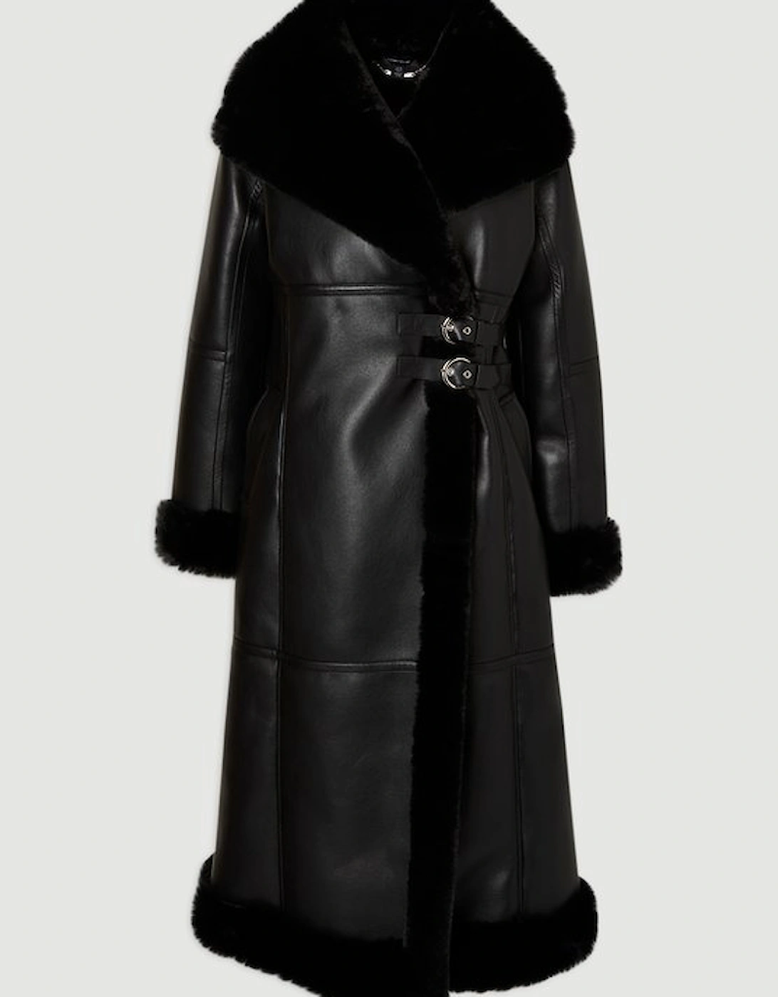 Faux Shearling Oversize Collar Buckle Midi Coat