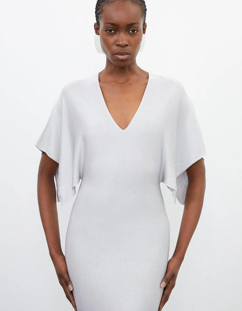 Slinky Knit Kimono Sleeve V Neck High Low Maxi Dress