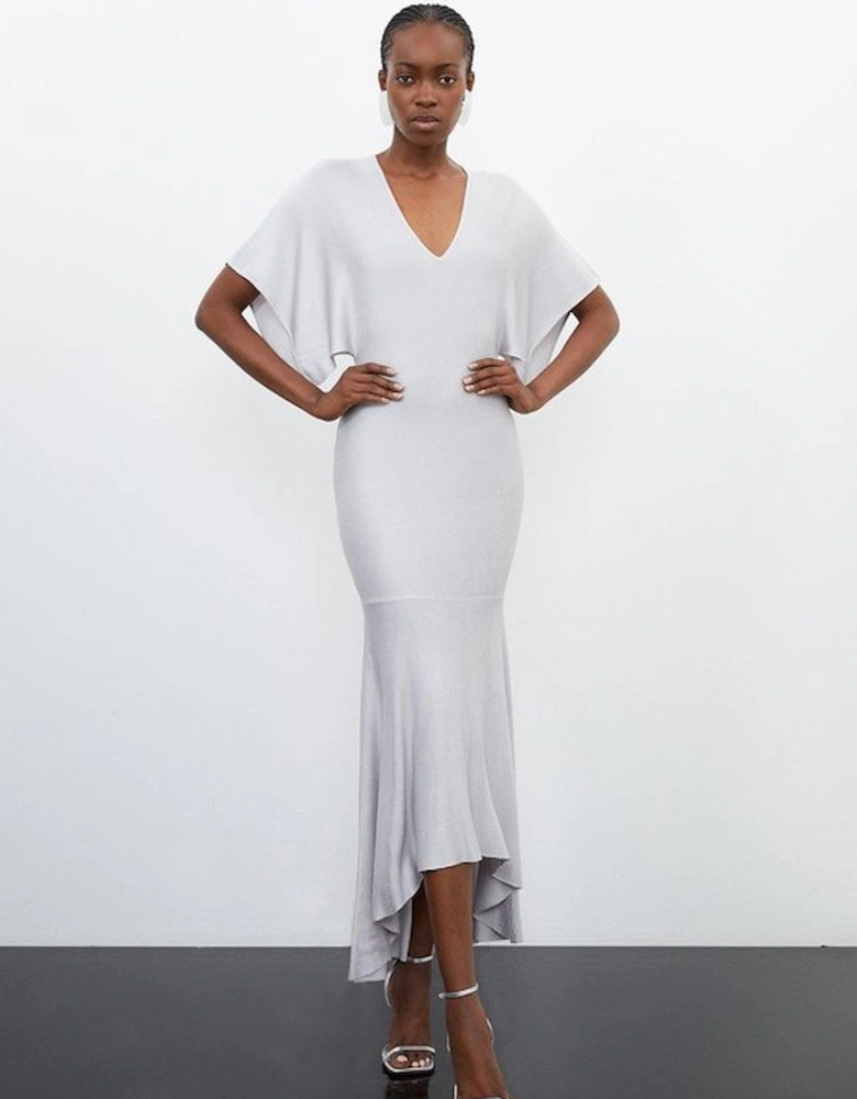 Slinky Knit Kimono Sleeve V Neck High Low Maxi Dress