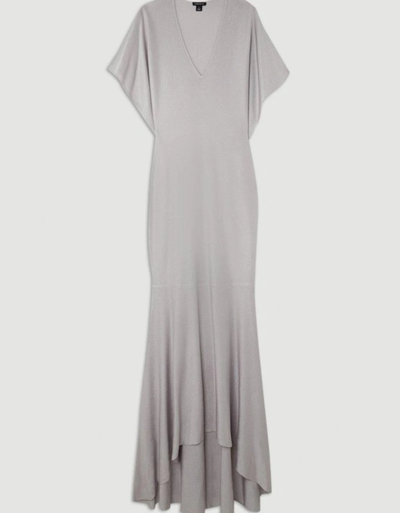 Slinky Knit Kimono Sleeve V Neck High Low Maxi Dress