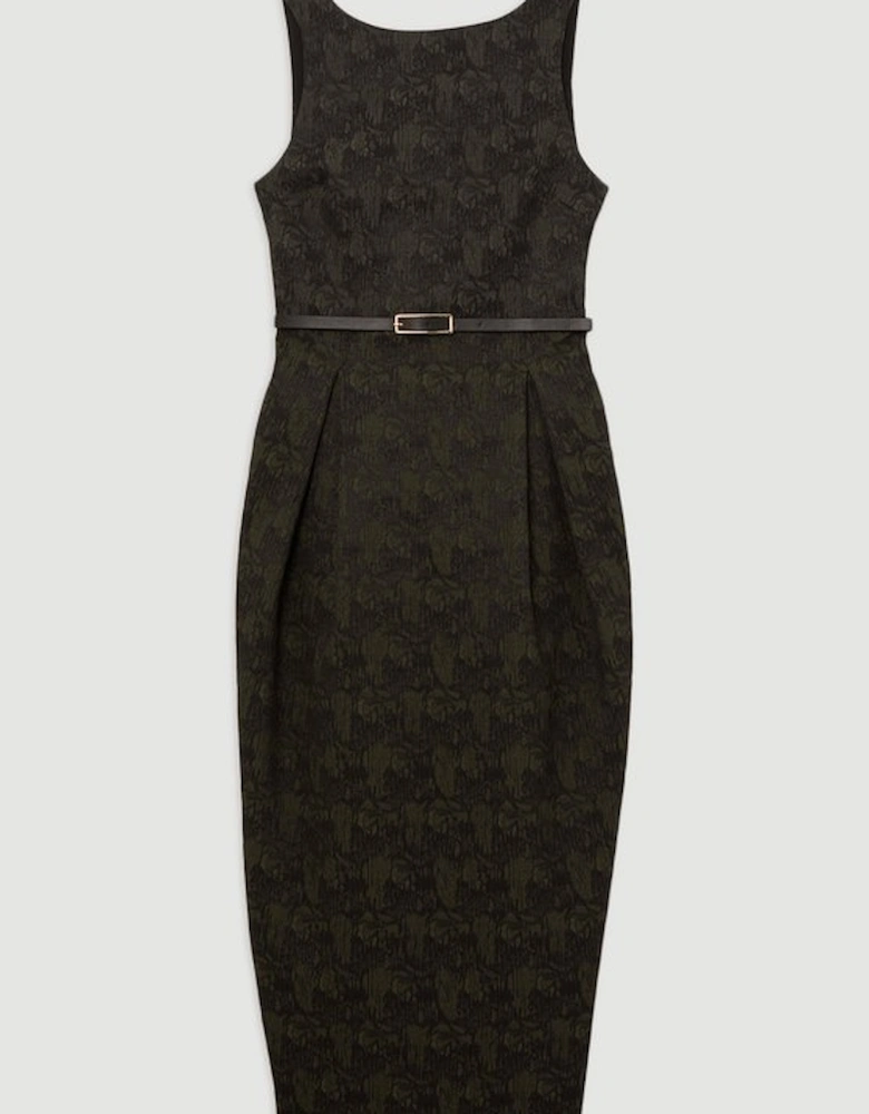 Jacquard Belted Pencil Tailored Midi Dress