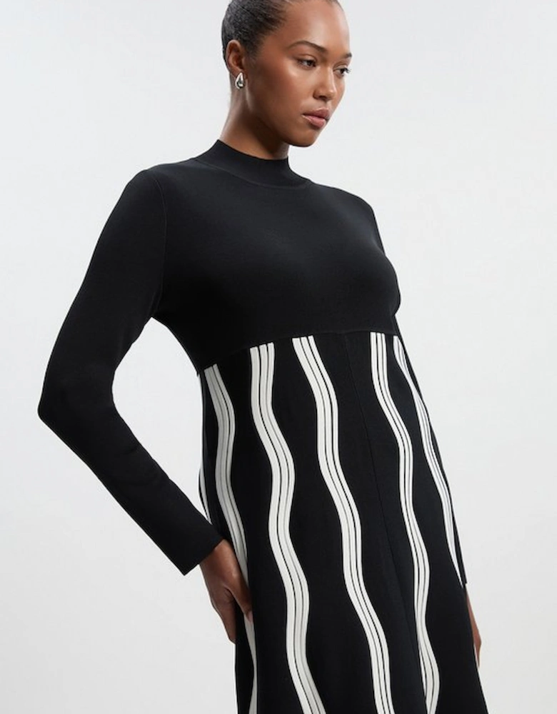 Plus Size Contrast Wave Knit A-Line Knitted Long Sleeve Dress