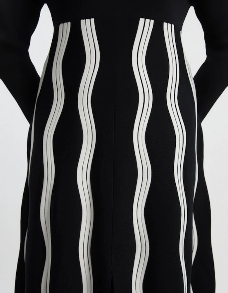 Plus Size Contrast Wave Knit A-Line Knitted Long Sleeve Dress